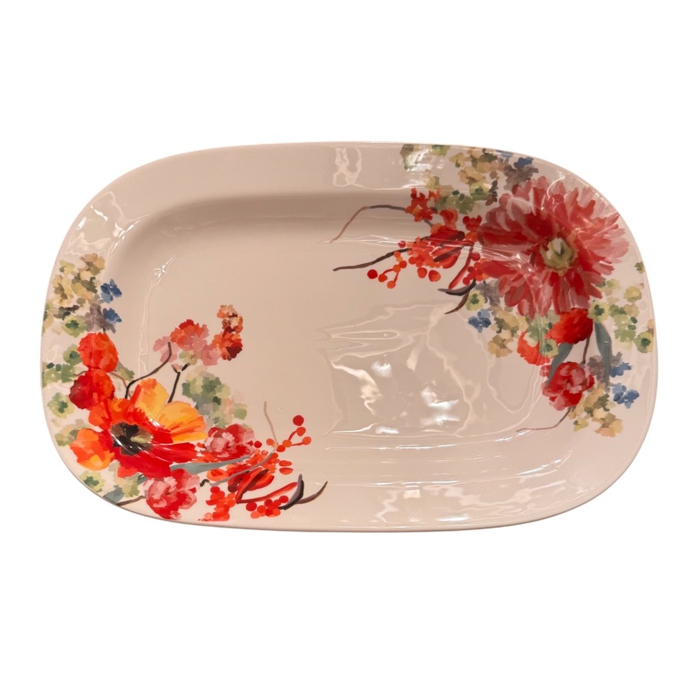 TAG Floral Ceramic Serving Platter Rectangular Watercolor Botanical Tray 16in